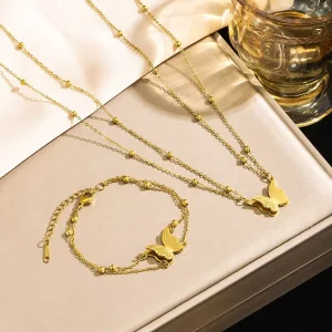 Fashion Stainless Steel Butterfly Double Layer Beaded Necklace & Bracelet Set Tarnish Resistant Titanium Steel Jewelry for Women