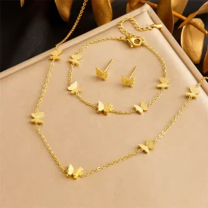 Fashion Stainless Steel Butterfly Necklace Earrings and Bracelet Set Women Luxury Gold Jewelry Set