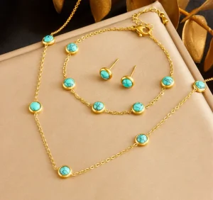 Fashion Stainless Steel Chain Necklace Earrings and Bracelet Set with Turquoise Women Luxury Jewelry Set