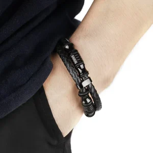 Fashion Stainless Steel Charm Black Men Bangles Leather Braided Punk Rock Leather Bracelet