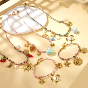 Fashion Stainless Steel Coral Fish Sea Turtle Pendant Pearl Necklace and Bohemian Bracelet Set for Women