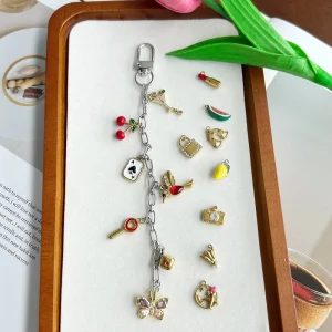 Fashion Stainless Steel Custom Bag Charm Pendant Gold Plated Cherry Poker Fruit Butterfly Bag Chain with Charms DIY