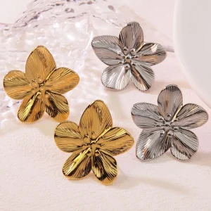 Fashion Stainless Steel Five-Leaf Flower Stud Earrings Trendy High Texture 18K Gold Plated Luxury Women Party