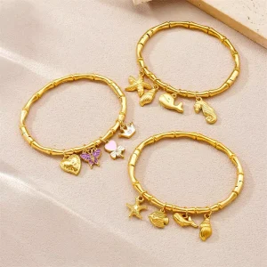 Fashion Stainless Steel Gold Plated Bracelet Ocean Wind Tropical Fish Starfish Butterfly Conch Bamboo Pendant Charms