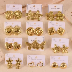 Fashion Stainless Steel Gold Plated Hanging Butterfly Earring Heart Flower Shape Stud Earrings for Women Jewelry