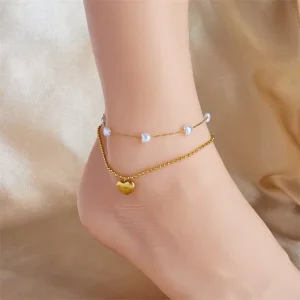 Fashion Stainless Steel Heart Anklet With Pearl Waterproof Gold Two Layer Chain Anklet Jewelry for Women