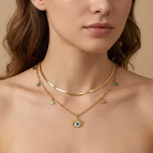 Fashion Stainless Steel Jewelry 18K Gold Plated Turquoise Devil Evil Turkish Eye Charms Double Layered Choker Necklace