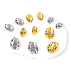 Fashion Stainless Steel Ladies Jewelry Suppliers Simple Diamond Tarnish Free 18K Gold Plated Oval Stud Earrings