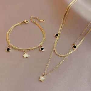 Fashion Stainless Steel Multilayer Chain Star Charm Necklace Bracelet for Women New Trend Jewelry Set Girls Party Gifts