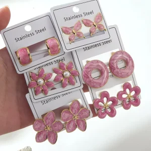 Fashion Stainless Steel Oil Drop Stud Earrings 18K Gold Plated Women’s Party Niche Design High Sense Petals Flower Butterfly