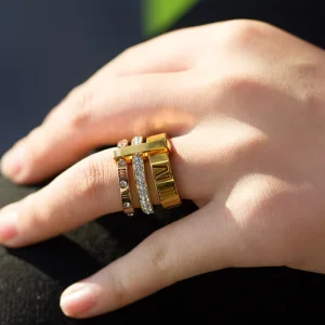 Fashion Stainless Steel PVD Plated 18k Gold Ornament Ring Custom Luxury Diamond encrusted Roman Alphabet 3 layer Ring