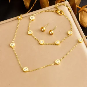 Fashion Stainless Steel Rhinestone Chain Necklace Earrings and Bracelet Set Women Luxury Gold Jewelry Set