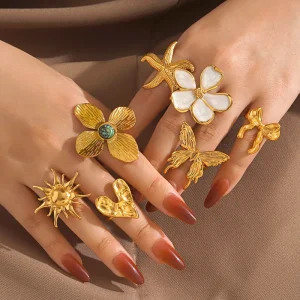 Fashion Stainless Steel Rings for Women Simple Exaggerated Heavy Butterfly Heart Flower Starfish Sun Trendy Jewelry