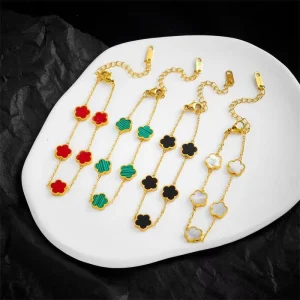 Fashion Stainless Steel Shell Flower Beaded Waterproof Bracelet Green Five Leaf Lucky Women’s Four Leaf Bracelet Jewelry Gift