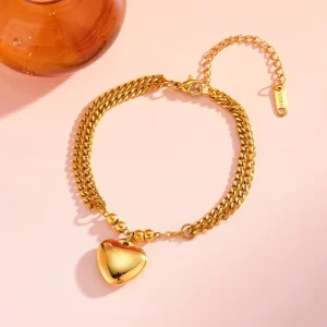 Fashion Stainless Steel Small Heart Pendant Charm Bracelet Geometric Tarnish Free 18K Gold Plated Trendy Women’s Jewelry