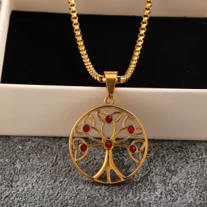 Fashion Stainless Steel Tree of Life Ruby Stone Pendant Necklace Single Sided Unisex Jewelry Bulk