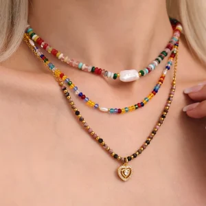Fashion Stainless Steel Trendy Beaded Necklaces Unisex Boho European American Style Beach Colorful Crystal Bead Necklace