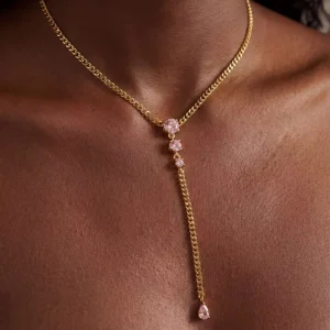 Fashion Stainless Steel Trendy Women Pink Zircon Chain Y shaped Tassel Necklace Light Luxury Party Jewelry Stacked Accessory