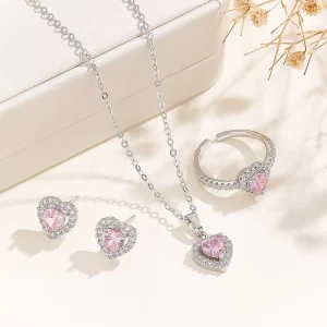 Fashion Stainless Steel Waterproof Non Tarnished 18K Gold Plated Zircon Pink Heart Necklace