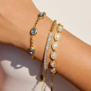Fashion Stainless Steel Women’s Rhinestone Bracelet Light Luxury Geometric Layering Chain Blue Zircon Link Chain Party Jewelry