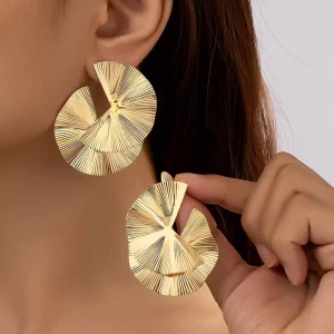 Fashion Statement Earrings Jewelry Punk Stylish Sectored Twisted Unique Gold Alloy Double Leaf Stud Earrings for Women