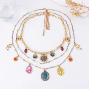 Fashion Statement Necklace Alloy Flower Resin Pendant Layered Chain Collar Bold Chunky Jewelry for Women Gift