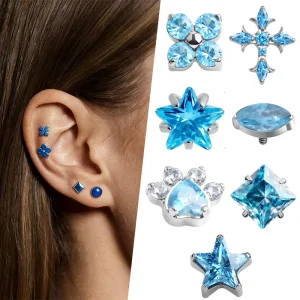 Fashion Stud Earrings Star Flower Shape Titanium Earrings Labret Piercing Body Jewelry Zircon Nose Ring for Women