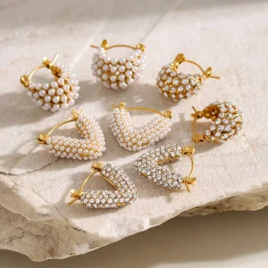 Fashion Style 18K Gold Plated Stainless Steel Pearl Earrings Chunky Hoop Earring Waterproof Hypoallergenic Earrings Women