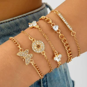 Fashion Style Rhinestone Natural Stone Butterfly Link Multi Layer Electroplated Bracelet Set Design Chain Bracelet Jewelry