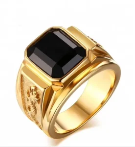 Fashion Style Vintage Stainless Steel Men’s Ring Vacuum Plating Gold Black Stone Agate Ring GSR 041