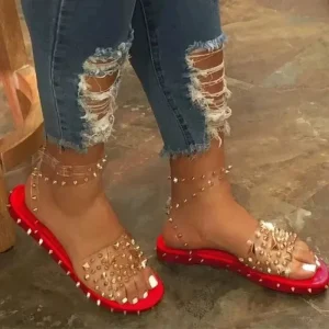 Fashion Summer Flat Slipper Slide Transparent Strap Rivet Beach Shoes Peep Flat Sandals for Women and Ladies De Mujer