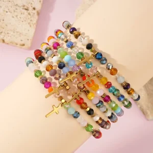 Fashion Summer Jewelry Colorful Crystal Elastic Handmade Cross Charm Beaded Bracelet for Women