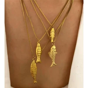 Fashion Summer Jewelry Tarnish Free Stainless Steel Gold Plated Charms Fish Pendant Necklace for Unisex Anniversary