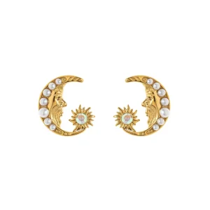 Fashion Sun Moon Natural Freshwater Pearl 18K Gold Plated Stainless Steel Stud Earrings Women’s Jewelry