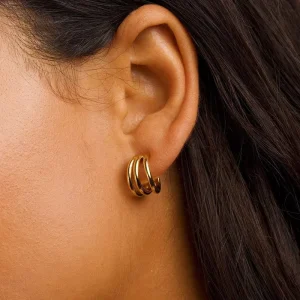 Fashion Tarnish Free 316 Stainless Steel Jewelry Earrings 18K Gold Plated Three Layer C shaped Circle Stud Earrings
