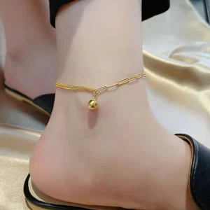 Fashion Tarnish Free Double Layer Chain Beach Anklets Bracelet Golden Ball Stainless Steel Beach Anklet Foot Jewelry