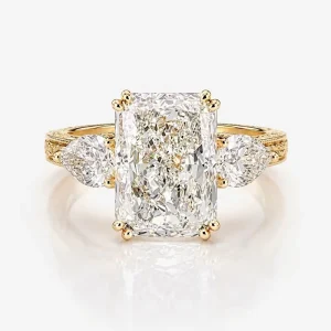 Fashion Three Stone Ring for Women in Lab Grown IGI Certified Radiant Cut Diamond 18K Gold Hand craved Engagement Diamond Ring