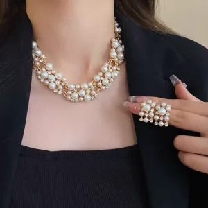 Fashion Trend Classic Pearl Necklace & Earrings Set Alloy with 14K Gold Plating Women’s Jewelry