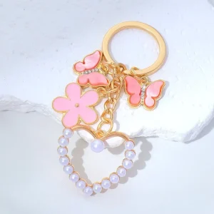 Fashion Trend Ins Style Keychain Butterfly Flower Pendant for Cars Heart Shaped Metal Bag Charm Cute Hangings for Women