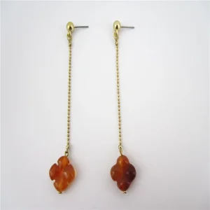 Fashion Trend Long Flower Shape Gold Plated Drop Earrings with Jade Natural Stone