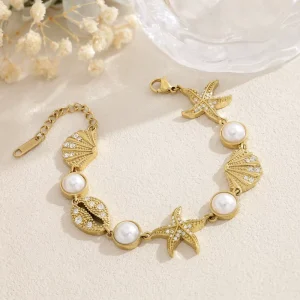 Fashion Trendy 18K Gold-plated Stainless Steel Bracelet Starfish Shell Zircon and Imitation Pearl Charm Bracelets for Women