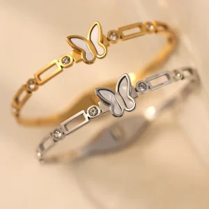 Fashion Trendy 18K PVD Gold Plated Shell Zircon Heart Charm Women Stainless Steel Butterfly Bangle BA-165