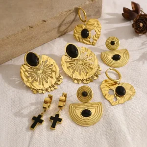 Fashion Trendy 18k Gold plated Hollow Pendant Drop Earrings with Natural Stone Cross Design Jewelry for Women Party Occasion
