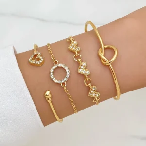Fashion Trendy 4 Piece Set Alloy Heart Knot Bracelet Jewelry Diamond Heart Knotted Open Cuff Bangle for Women