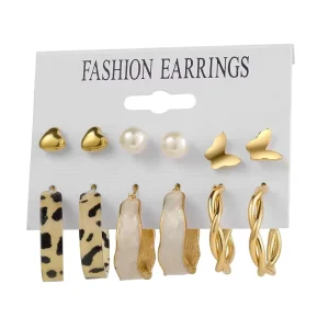 Fashion Trendy Alloy Stud Earrings Set Pearl Colorful Geometric