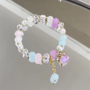 Fashion Trendy Candy Color Alloy Bowknot Crystal Pendant Beaded Bracelet Jewelry for Women Girls