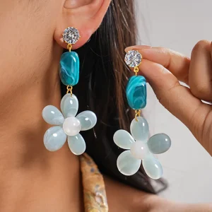 Fashion Trendy Copper Set Gold Plated Zirconia Resin Flower Drop Earrings Simple Creative Low Allergenic Charming Women’s