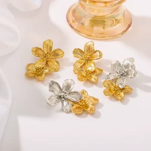 Fashion Trendy Floral Tassel Flower Drop Earrings Exaggerated 18K Gold Plated Stainless Steel for Women’s Party Occasion