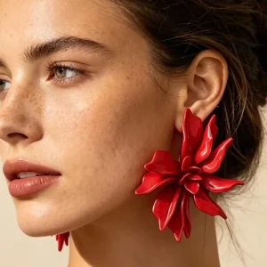 Fashion Trendy High end Exaggerated Three dimensional Red Color Flower Drop Earrings for Women