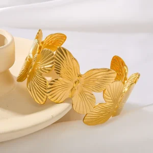Fashion Trendy Non Tarnish 18K Gold Plated Stainless Steel Geometric Butterfly Cuff Bracelet for Women’s Party Jewelry